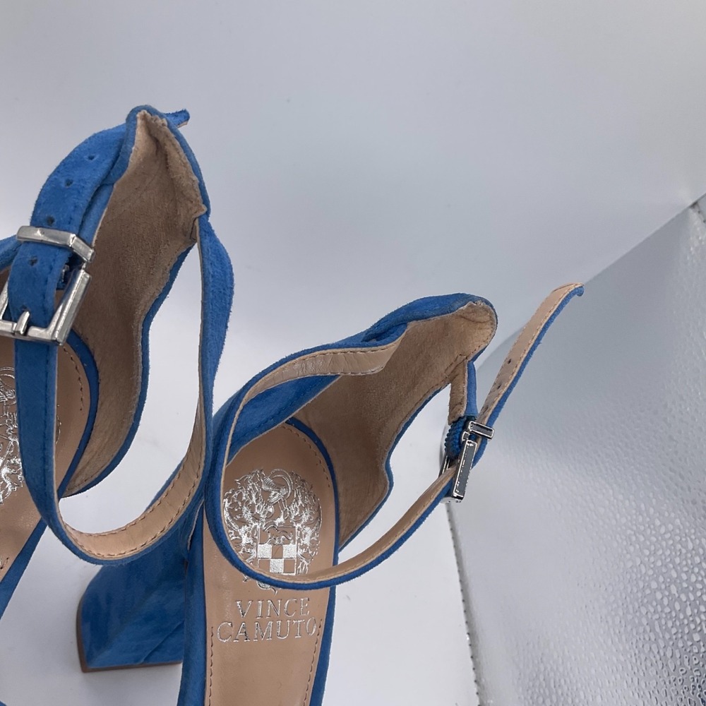 Vince Camuto Corlesta Blue Suede Knotted Dress Sandals Ankle Strap Heels 6.5 New - Picture 2 of 14